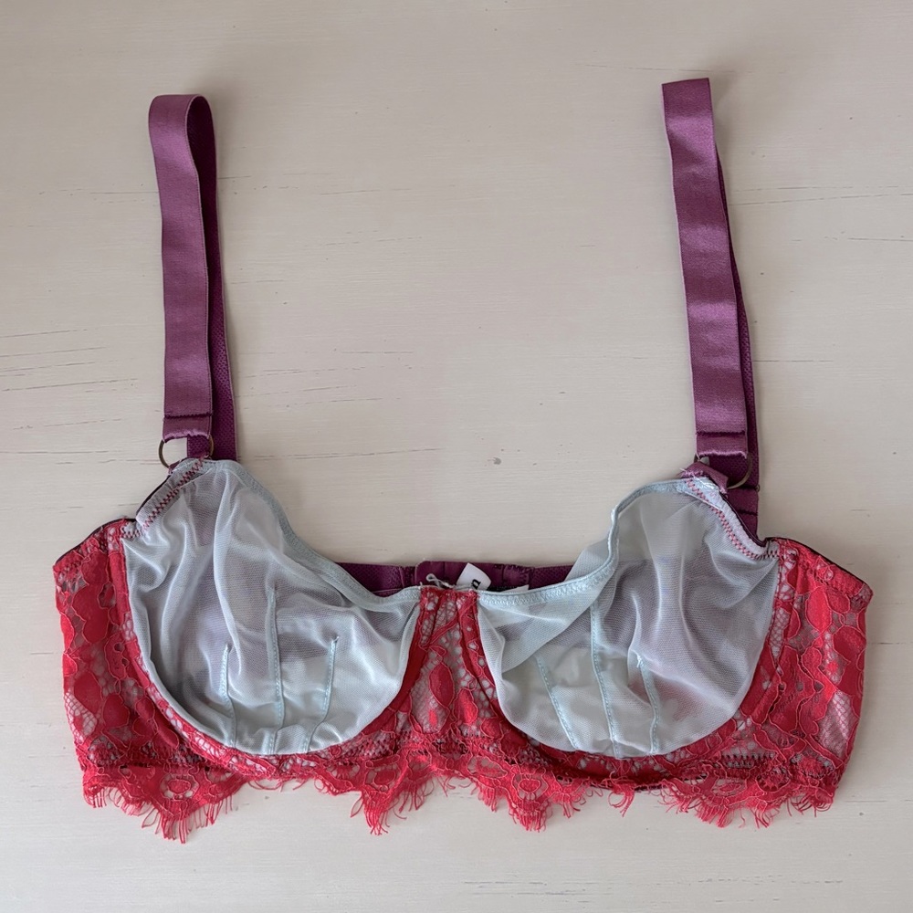Dora Larsen color block mesh and lace blue red and purple demi bra - 32C